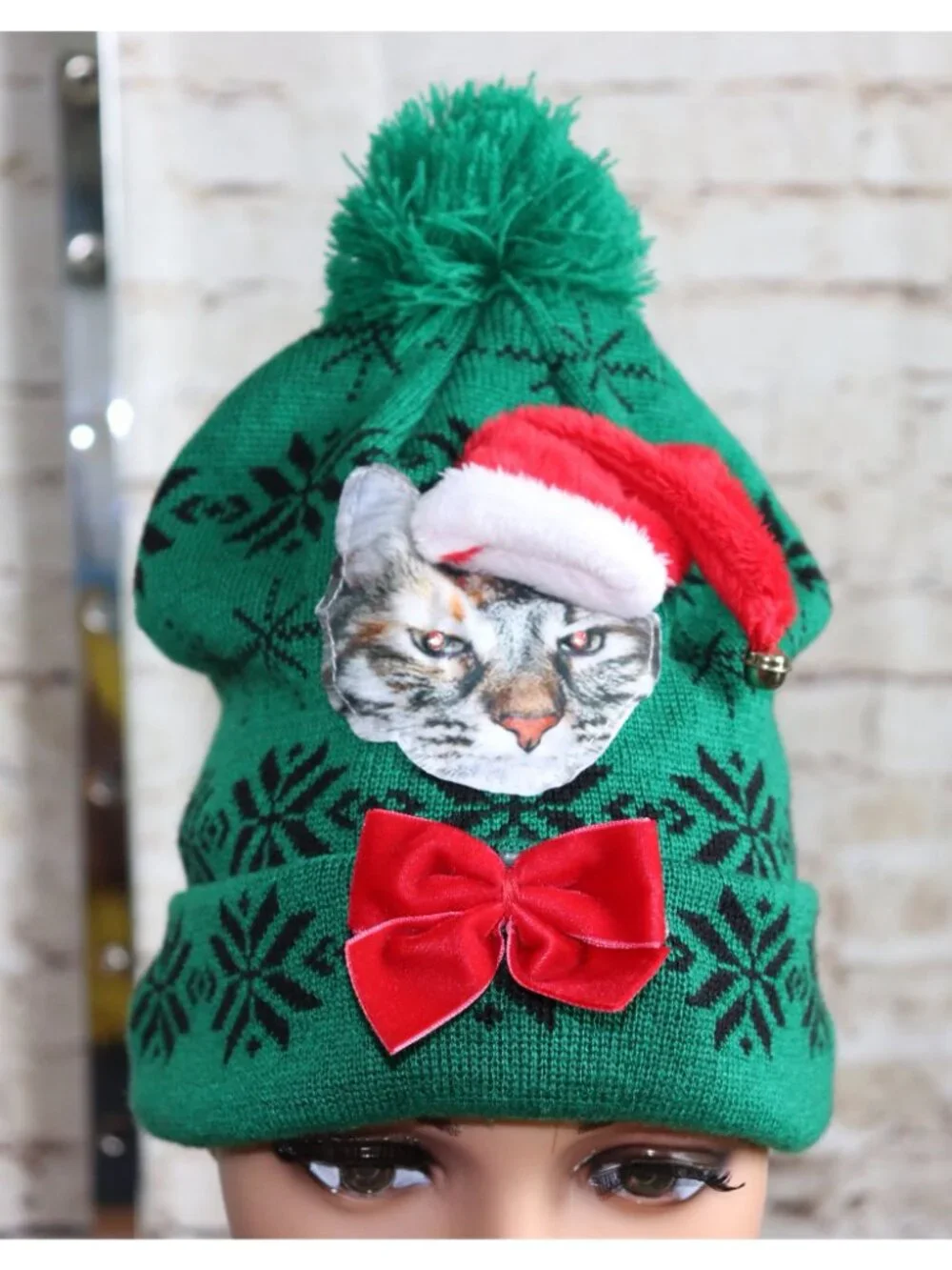 Christmas Cat Beanie With LED Lights & Bow Green Knit